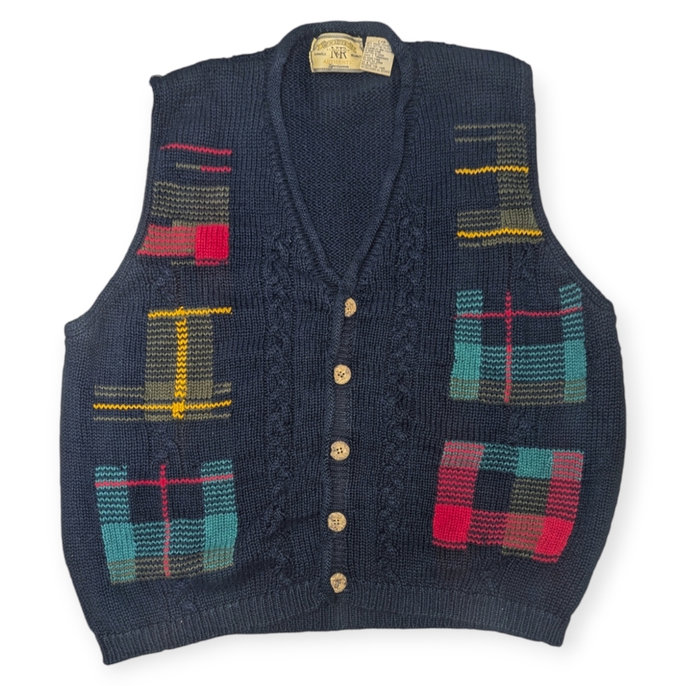 Vintage New River Co Knitted Cable Net Sweater vest with different color Patches